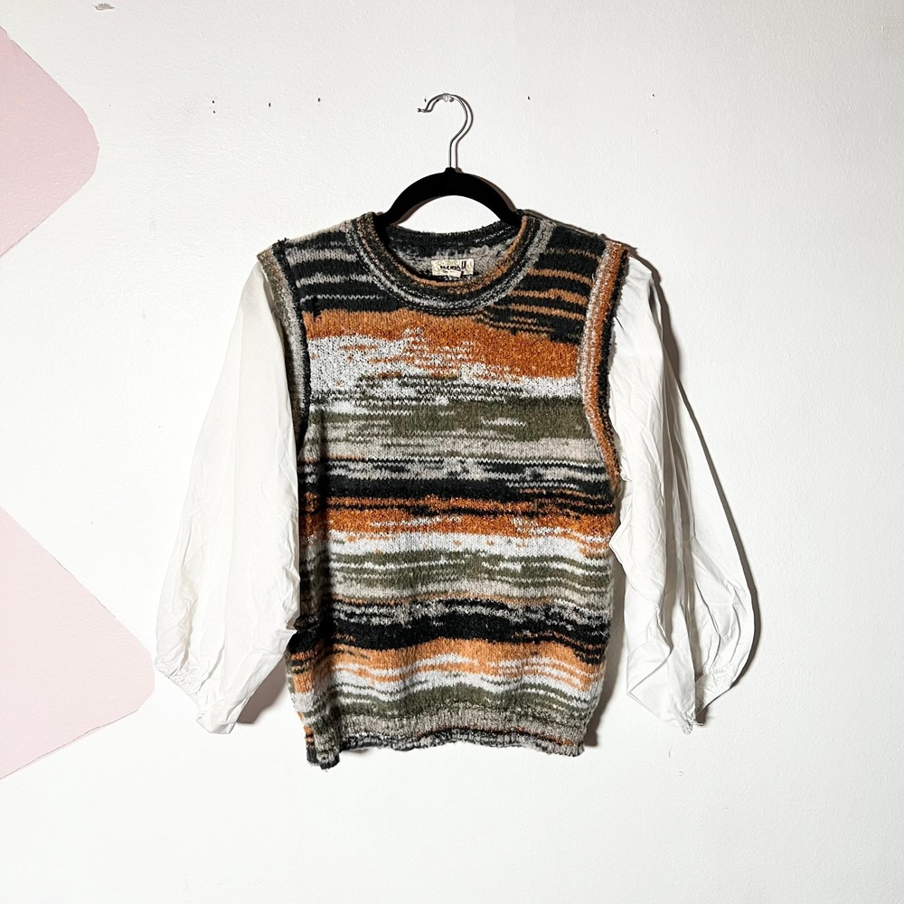 One World Sweater Vest Top Large Striped Puff Sleeve Mixed Media Boho